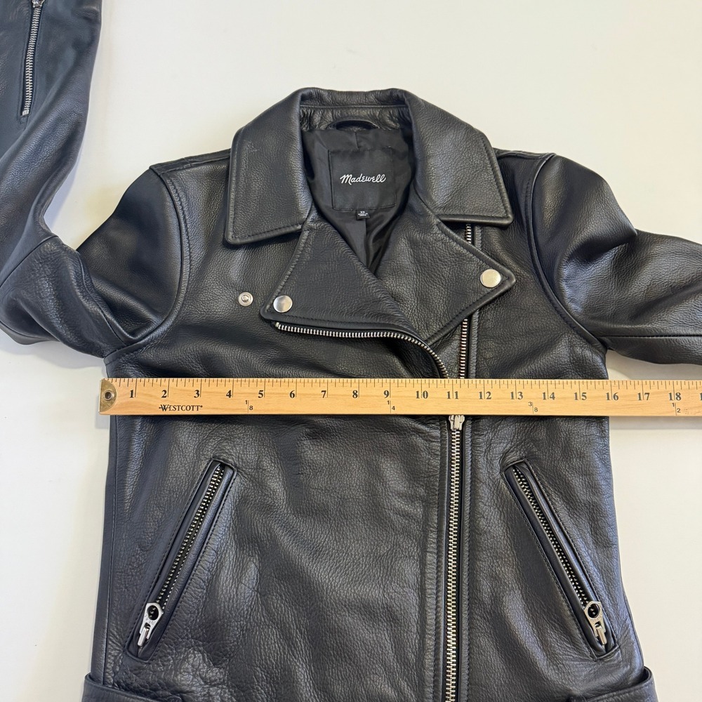 Madewell Washed Leather Motorcycle Jacket Black B0648 XS Womens Biker Belted - Picture 8 of 12